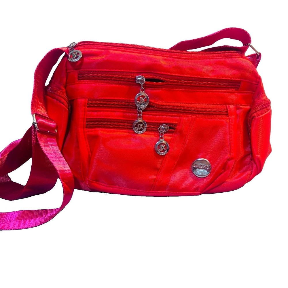 Bold Red Nylon Waterproof Crossbody Bag Purse Adjustable Strap Zip Pockets Clean